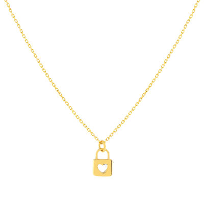 Collier or 375 jaune, motif cadenas avec coeur 45 cm - vue 1