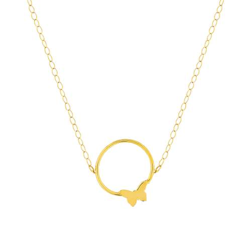 Collier or 375 jaune 45 cm motif anneau et papillon 45 cm