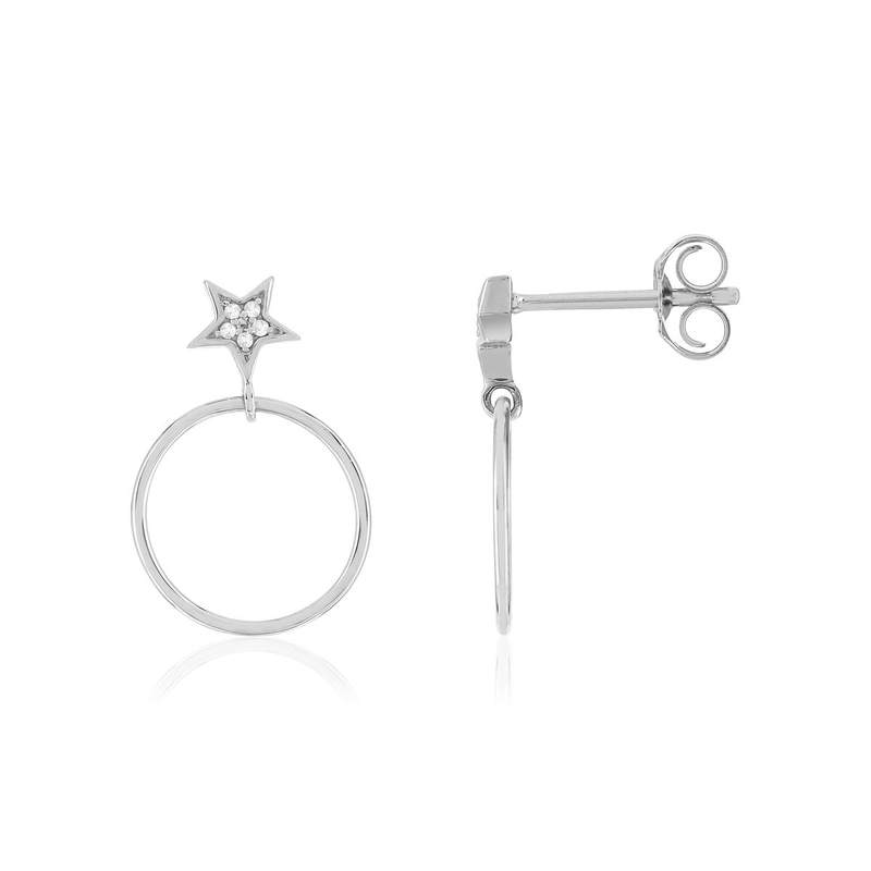 Boucles d'oreilles or 375 blanc diamants, motif étoiles - vue 1
