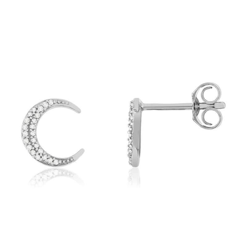 Boucles d'oreilles or 375 blanc diamants, motif lune - vue 1
