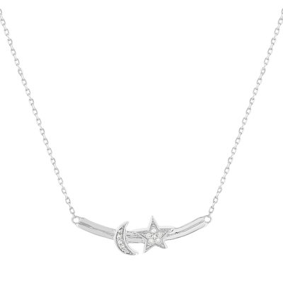 Collier or 375 blanc diamants, motif étoile et lune 45 cm - vue 1