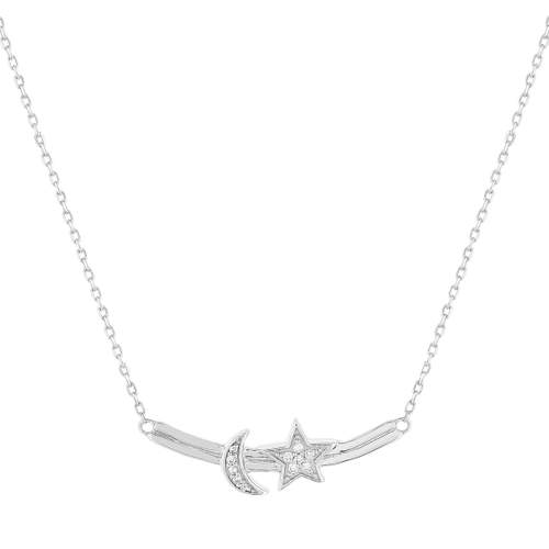 Collier or 375 blanc diamants, motif étoile et lune 45 cm