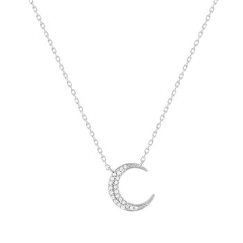 Collier or 375 blanc diamants, motif lune 45 cm
