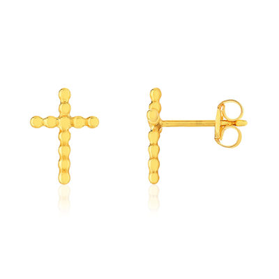 Boucles d'oreilles or 375 jaune, motif croix perlé - vue 1