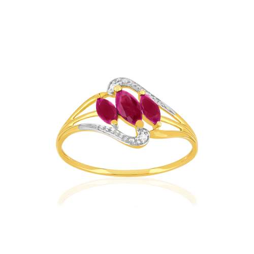 Bague or 375 jaune rubis diamants