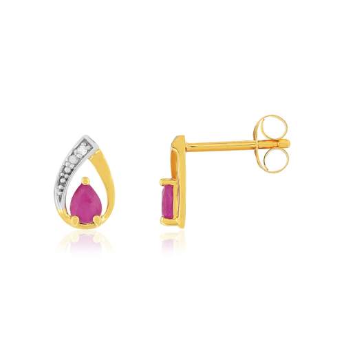 Boucles d'oreille or 375 jaune rubis diamants