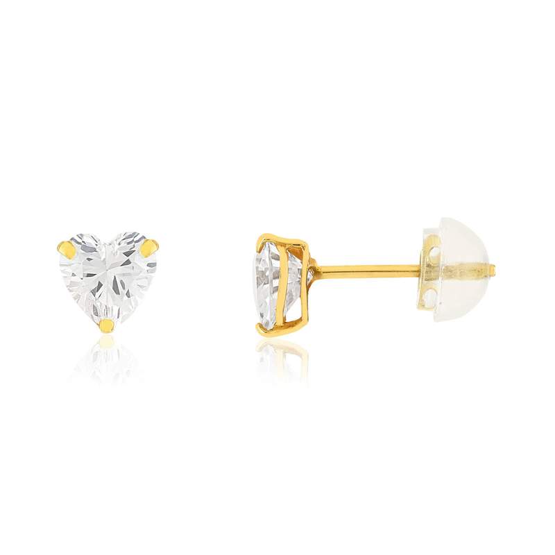 18K yellow gold earrings with white zirconia stones in a heart shape - view 1