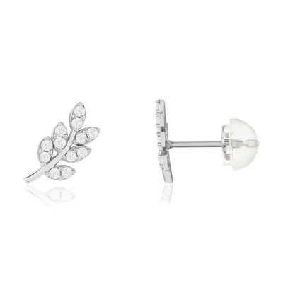 Boucles d'oreilles or 375 blanc zirconias blancs feuille - vue 1