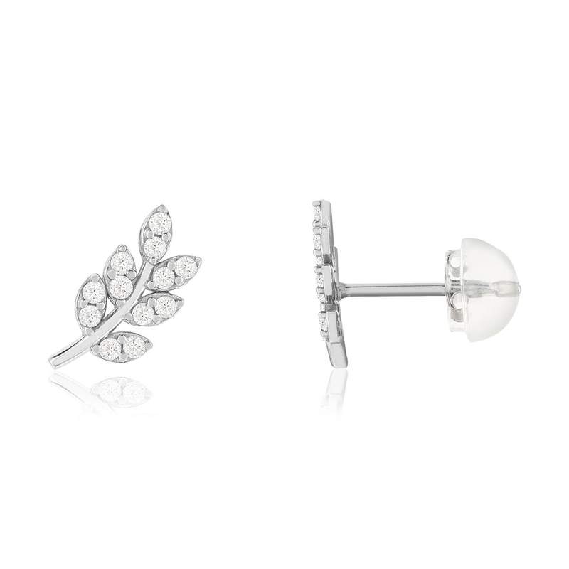 Boucles d'oreilles or 375 blanc zirconias blancs feuille - vue 1