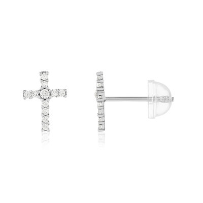 Boucles d'oreilles or 375 blanc zirconias blancs croix