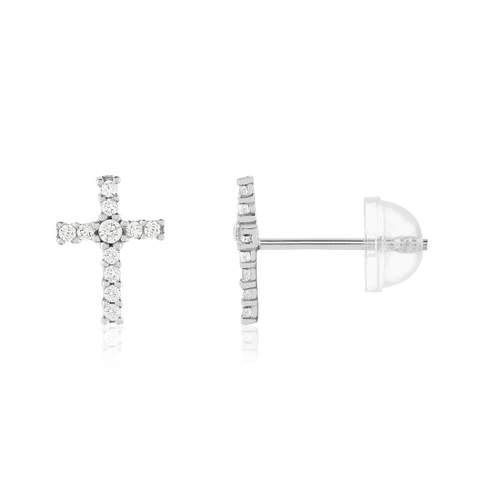 Earrings gold 375 white zirconias cross