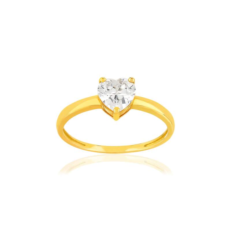 Bague or 375 jaune zirconia blanc coeur - vue 1