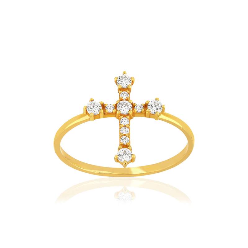 Bague or 375 jaune zirconias blancs croix - vue 1