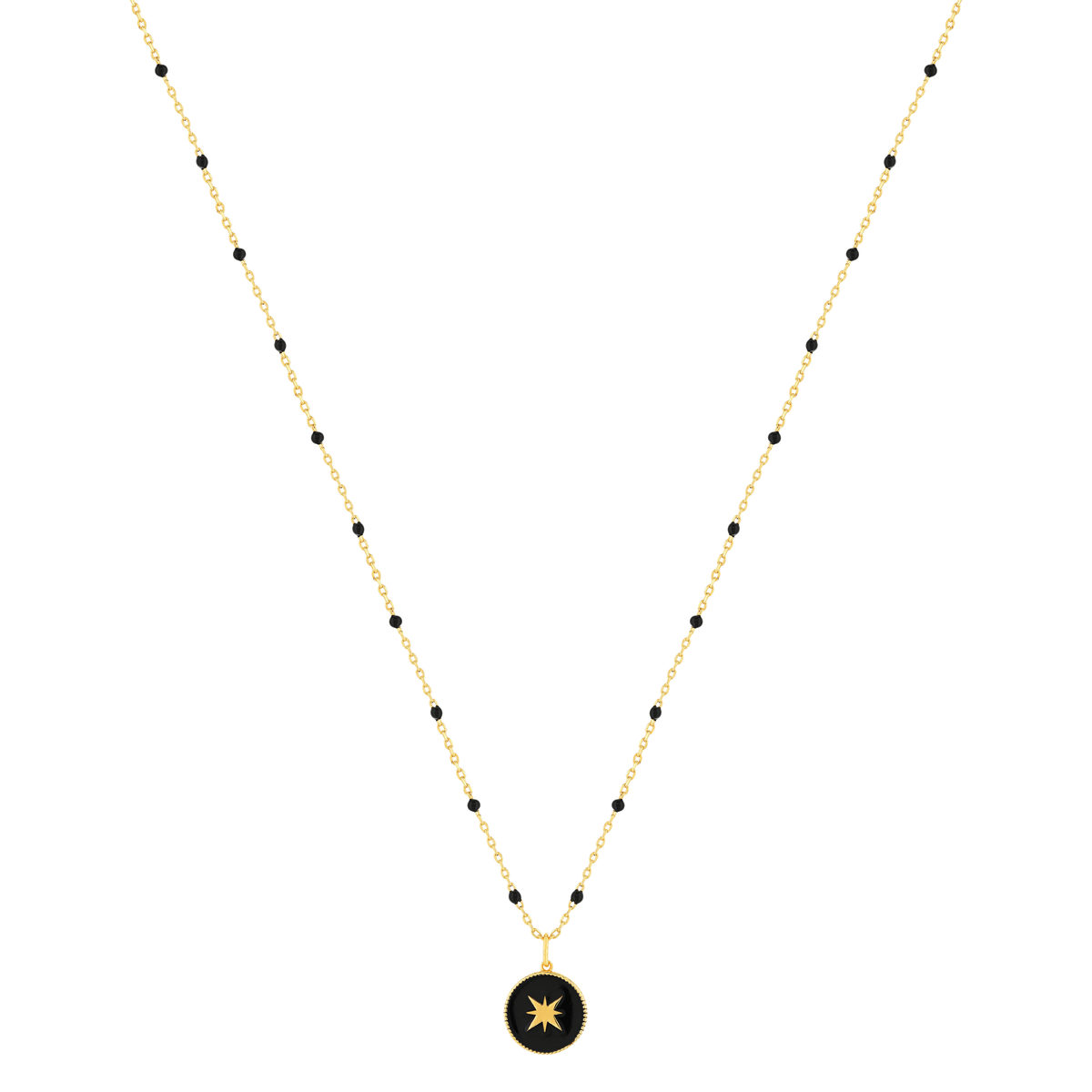 Collier plaqué or et résine noire 45 cm médaille motif étoile - vue 2
