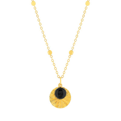 Collier plaqué or médaille strié et pampille en onyx 48 cm - vue 1
