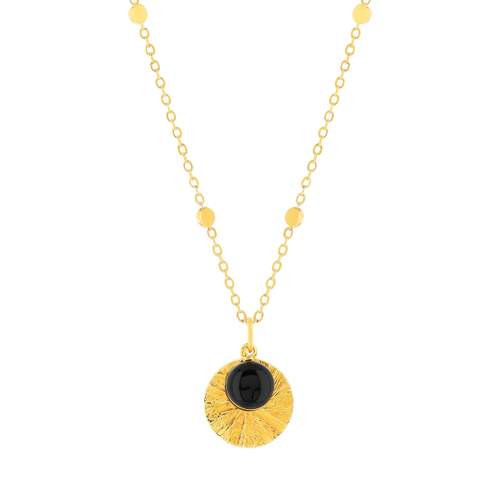 Collier plaqué or médaille strié et pampille en onyx 48 cm