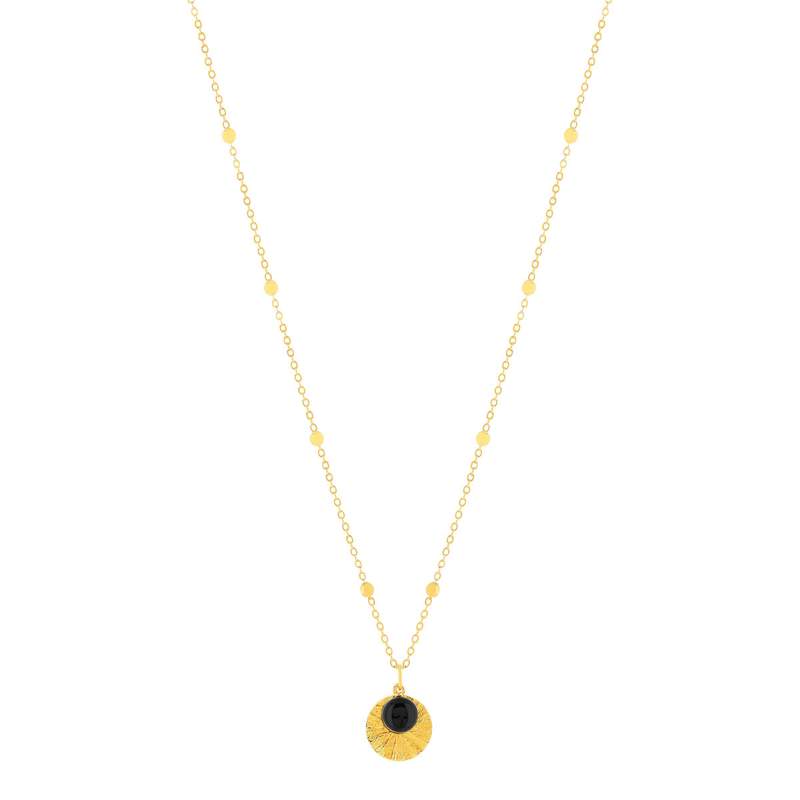 Collier plaqué or médaille strié et pampille en onyx 48 cm - vue 2