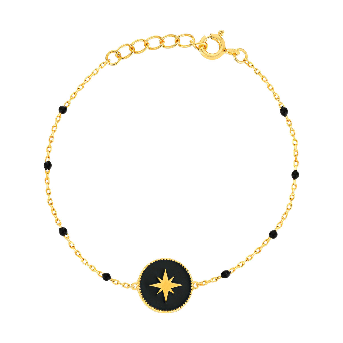 Bracelet plaqué or résine noire médaille motif étoile 18 cm