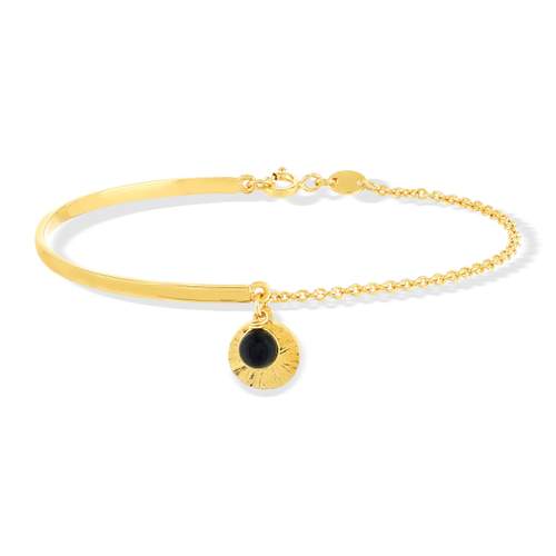 Bracelet plaqué or semi-rigide médaille martelé et pampille onyx TD 19 cm