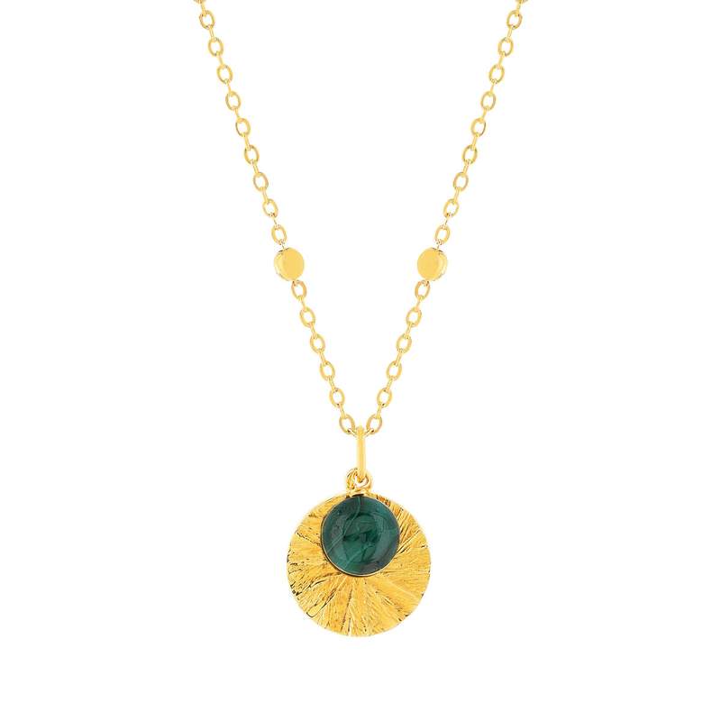 Collier plaqué or médaille ciselée et pampille malachite 48 cm - vue 1