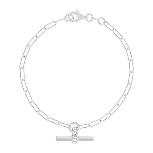 Bracelet argent 925 maille trombone motif T/bar zirconias. Longueur 19 cm.