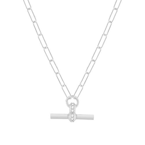 Collier argent 925 maille trombone motif T/bar zirconias. Longueur 41 cm