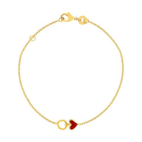 Bracelet plaqué or coeur laque rouge et anneau 18 cm