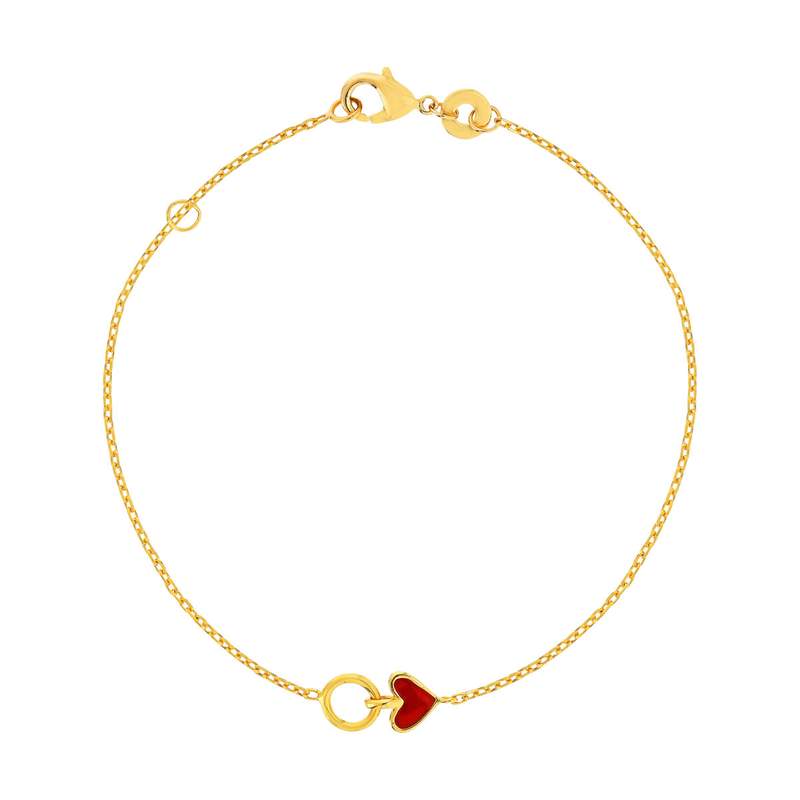 Bracelet plaqué or coeur laque rouge et anneau 18 cm - vue 1