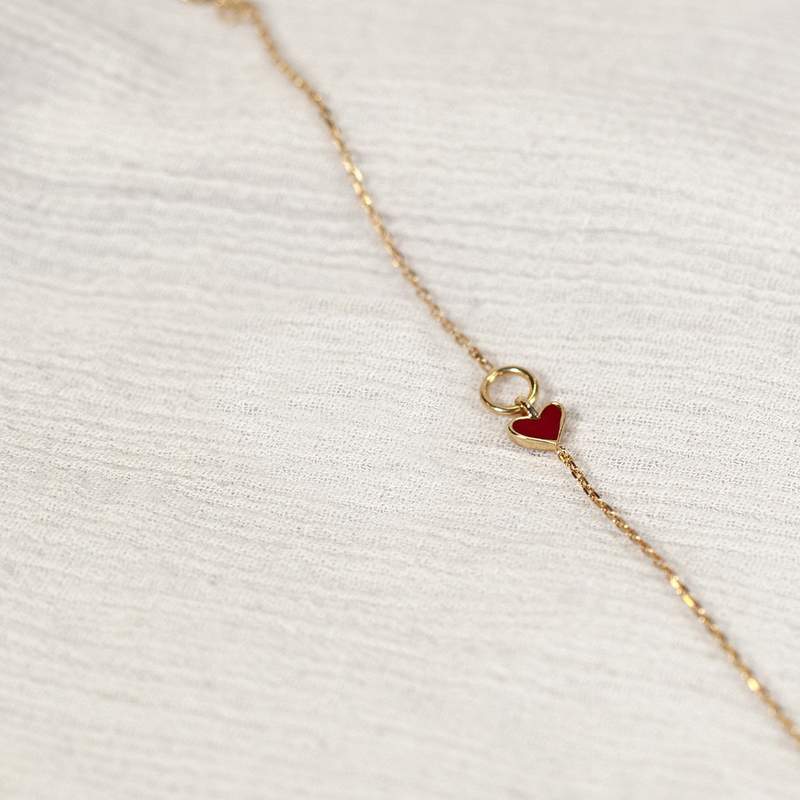 Bracelet plaqué or coeur laque rouge et anneau 18 cm - vue D1