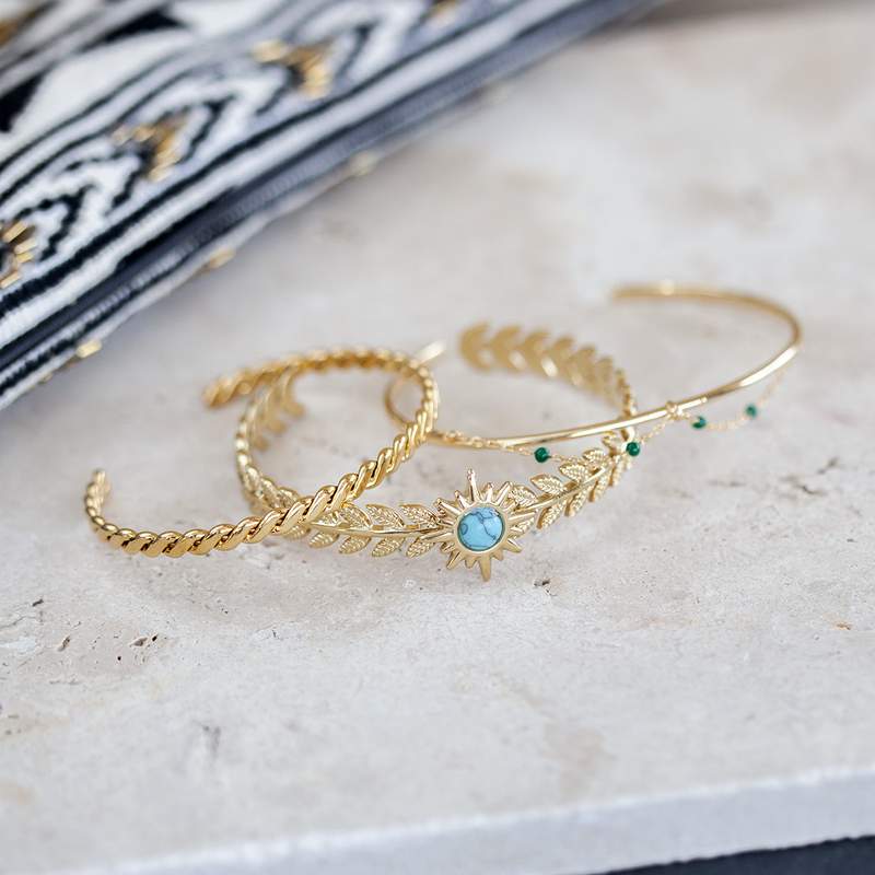 Bracelet rigide acier jaune turquoise soleil 60 mm - vue D1