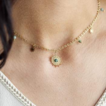 Necklace steel yellow natural stones sun 43 cm