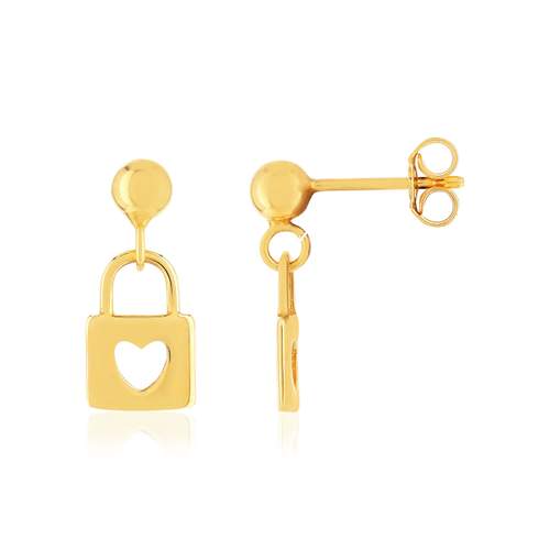Boucles d'oreilles or jaune 375 motif cadenas et coeur