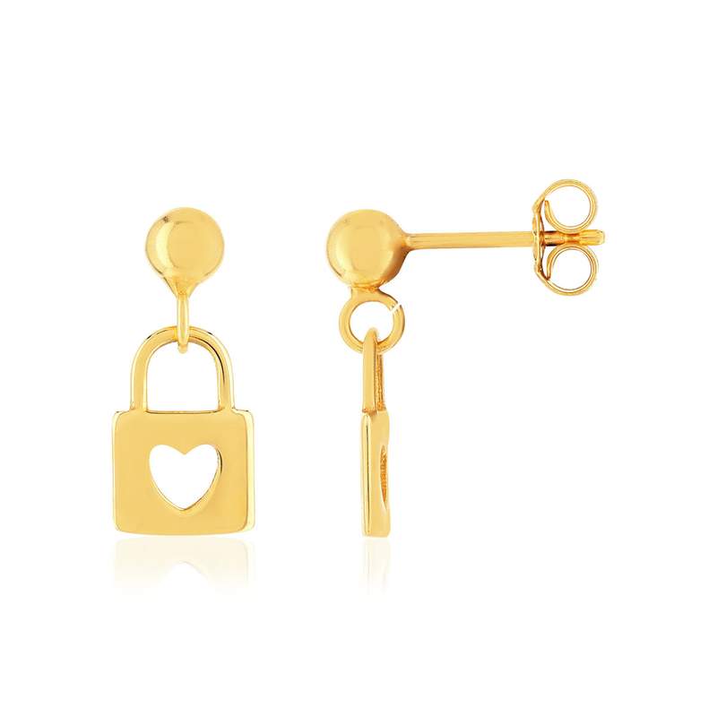 Boucles d'oreilles or jaune 375 motif cadenas et coeur - vue 1