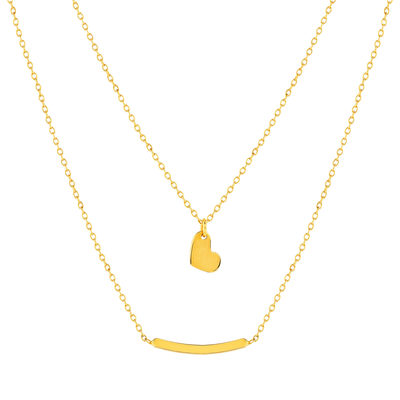 Collier or jaune 375 double rang motif coeur et barrette 42 cm