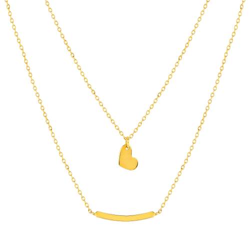 Collier or jaune 375 double rang motif coeur et barrette 42 cm