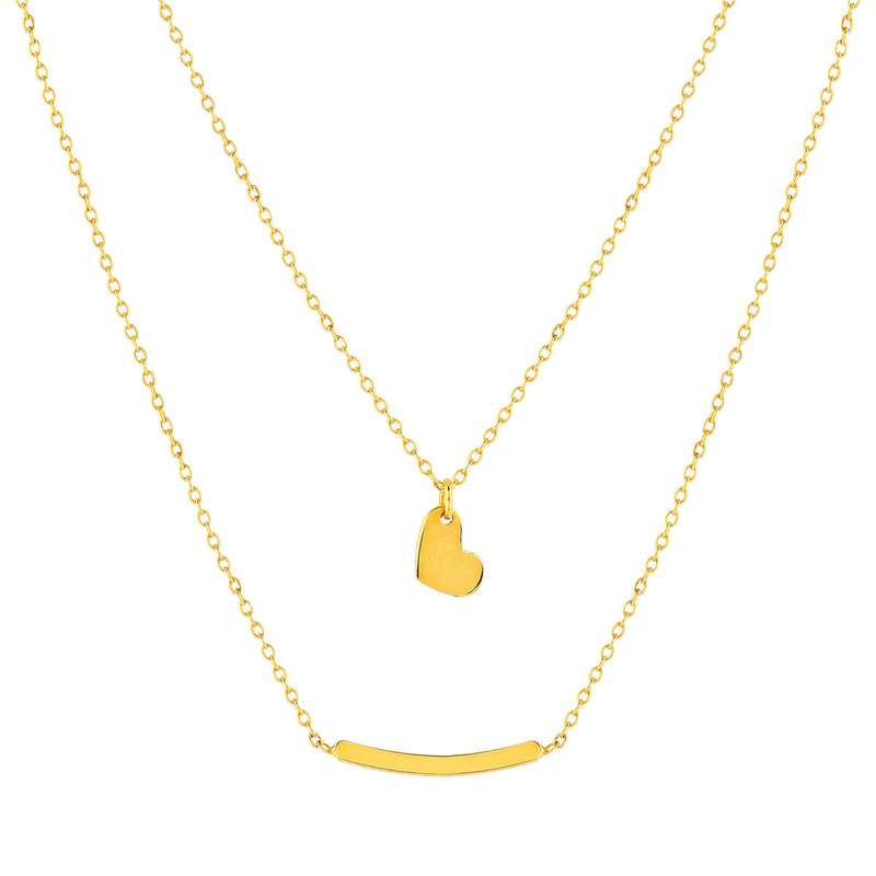 Collier or jaune 375 double rang motif coeur et barrette 42 cm - vue 1