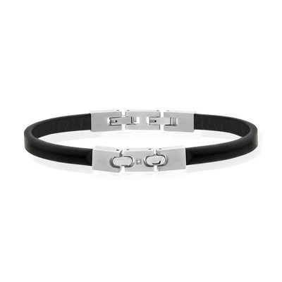 Bracelet cuir noir acier 21 cm - vue 1