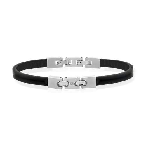 Zwart leer en stalen armband 21 cm