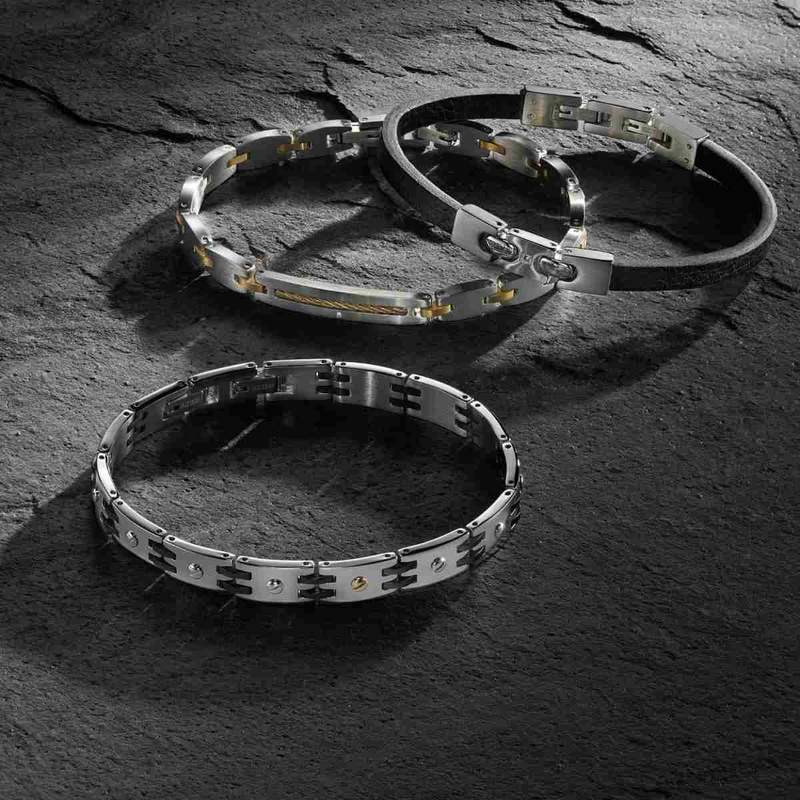 Bracelet cuir noir acier 21 cm - vue D1