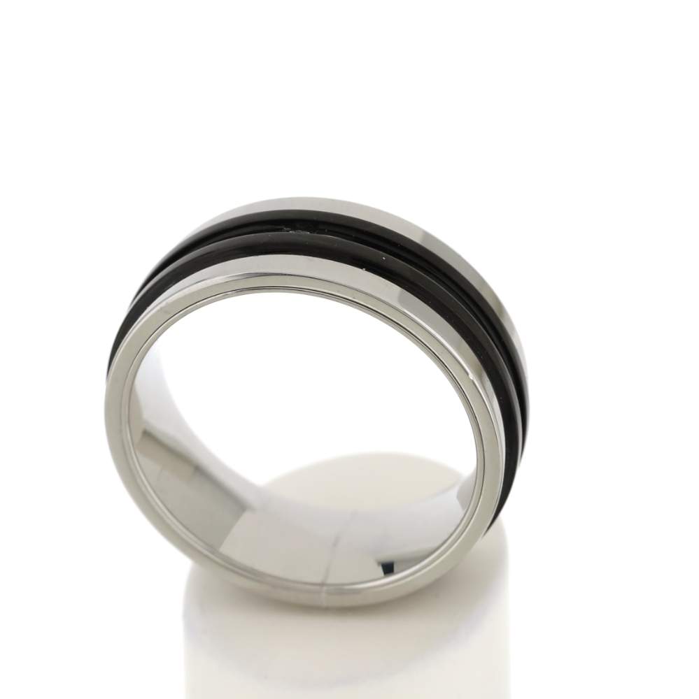Bague acier bandes noires - vue 2