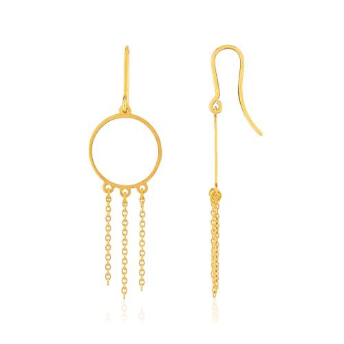 Boucles d'oreilles or 750 jaune, anneaux avec chaînettes en pampille