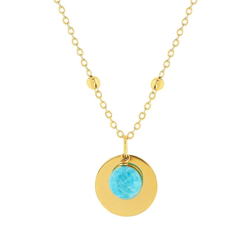 Collier plaqué or jaune, disque et amazonite en pampille 48 cm - vue 1