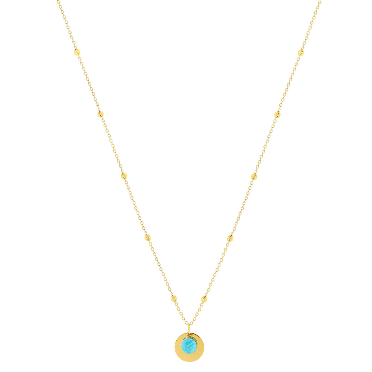 Collier plaqué or jaune, disque et amazonite en pampille 48 cm - vue 2