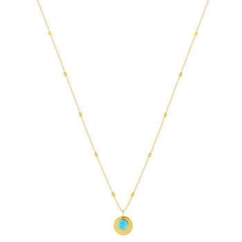 Collier plaqué or jaune, disque et amazonite en pampille 48 cm