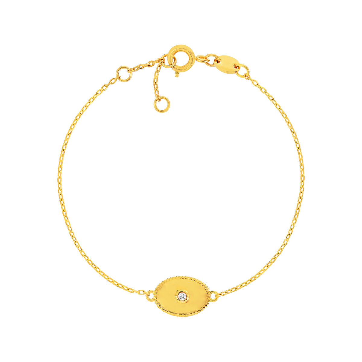 Bracelet plaqué or jaune médaille perlée ovale zirconia 18 cm