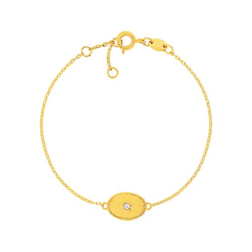 Bracelet plaqué or jaune médaille perlée ovale zirconia 18 cm