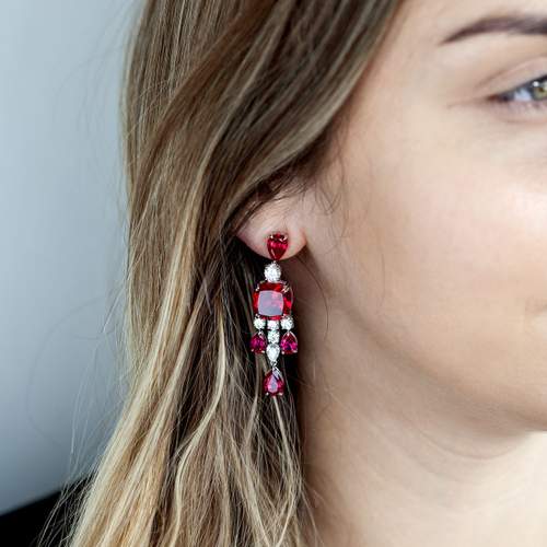 Boucles d'oreilles pendants argent 925 pierres synthétiques rouge zirconias