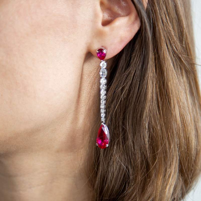 Boucles d'oreilles pendants argent 925, pierres synthétiques rouges zirconias - vue 1