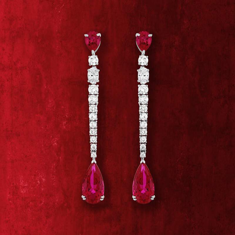 Boucles d'oreilles pendants argent 925, pierres synthétiques rouges zirconias - vue D1