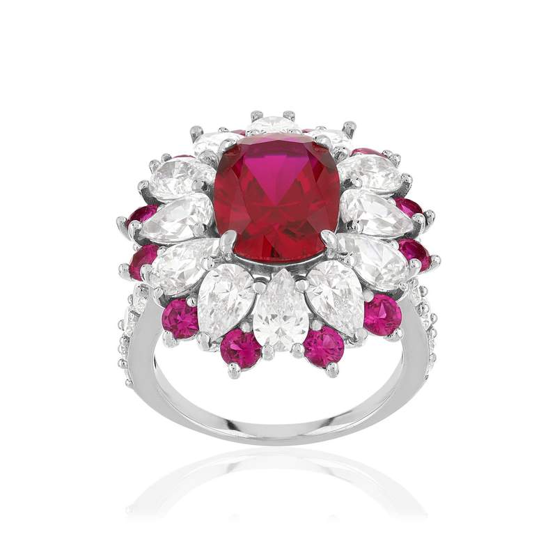 Bague argent 925, pierres synthétiques rouges zirconias - vue D1